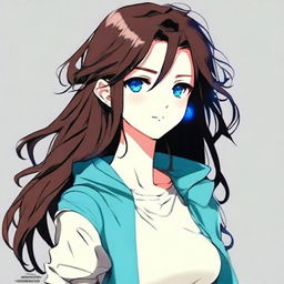 Anime avatar: a girl with messy long curly dark brown hair, blue eyes, fair skin, a slightly upturned nose, wearing modern clothes