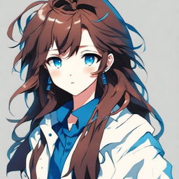 Anime avatar: a girl with messy long curly dark brown hair, blue eyes, fair skin, a slightly upturned nose, wearing modern clothes