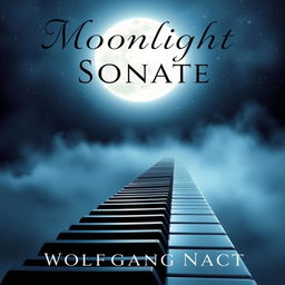 A captivating book cover design for 'Moonlight Sonata' by Wolfgang Nacht, featuring a beautifully detailed piano keyboard stretching across the bottom of the cover