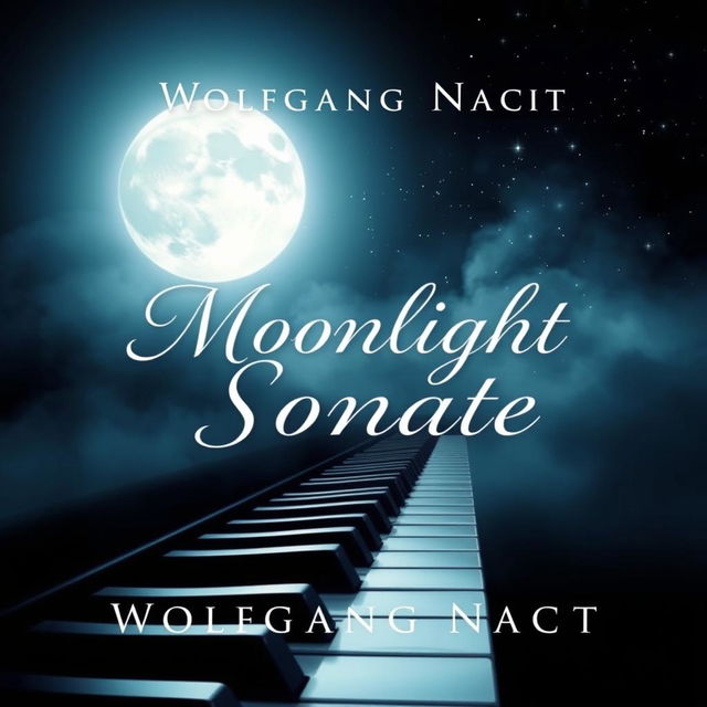 A captivating book cover design for 'Moonlight Sonata' by Wolfgang Nacht, featuring a beautifully detailed piano keyboard stretching across the bottom of the cover