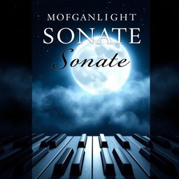 A captivating book cover design for 'Moonlight Sonata' by Wolfgang Nacht, featuring a beautifully detailed piano keyboard stretching across the bottom of the cover