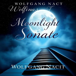 A captivating book cover design for 'Moonlight Sonata' by Wolfgang Nacht, featuring a beautifully detailed piano keyboard stretching across the bottom of the cover