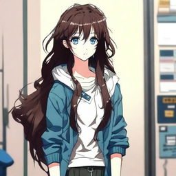 Anime avatar: a girl with messy long curly dark brown hair, blue eyes, fair skin, a slightly upturned nose, wearing modern clothes