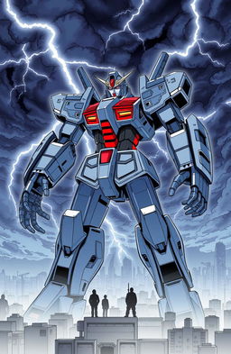 An imposing robot standing tall against a cityscape, with a dramatic night sky filled with dark clouds and flashes of lightning