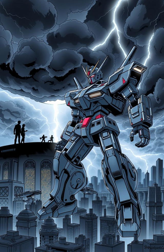 An imposing robot standing tall against a cityscape, with a dramatic night sky filled with dark clouds and flashes of lightning