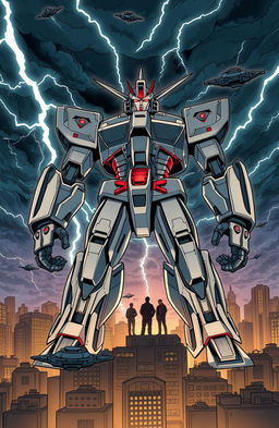 An imposing robot standing tall against a cityscape, with a dramatic night sky filled with dark clouds and flashes of lightning