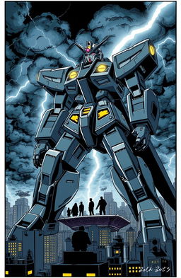 An imposing robot standing tall against a cityscape, with a dramatic night sky filled with dark clouds and flashes of lightning