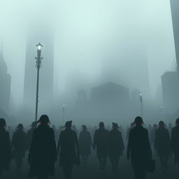 A dystopian cityscape engulfed in thick fog, creating an eerie and mysterious atmosphere