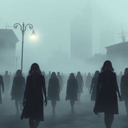 A dystopian cityscape engulfed in thick fog, creating an eerie and mysterious atmosphere