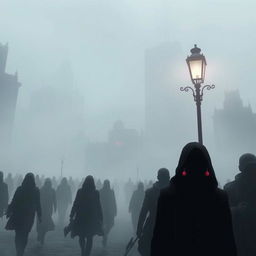 A dystopian cityscape engulfed in thick fog, creating an eerie and mysterious atmosphere