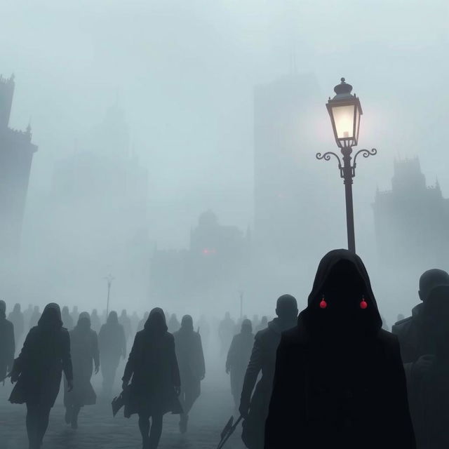 A dystopian cityscape engulfed in thick fog, creating an eerie and mysterious atmosphere