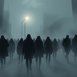 A dystopian cityscape engulfed in thick fog, creating an eerie and mysterious atmosphere