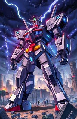 A towering, menacing robot designed for combat, standing in a battle-ready pose amidst a futuristic urban landscape