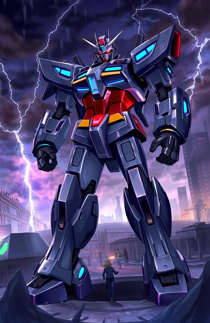 A towering, menacing robot designed for combat, standing in a battle-ready pose amidst a futuristic urban landscape