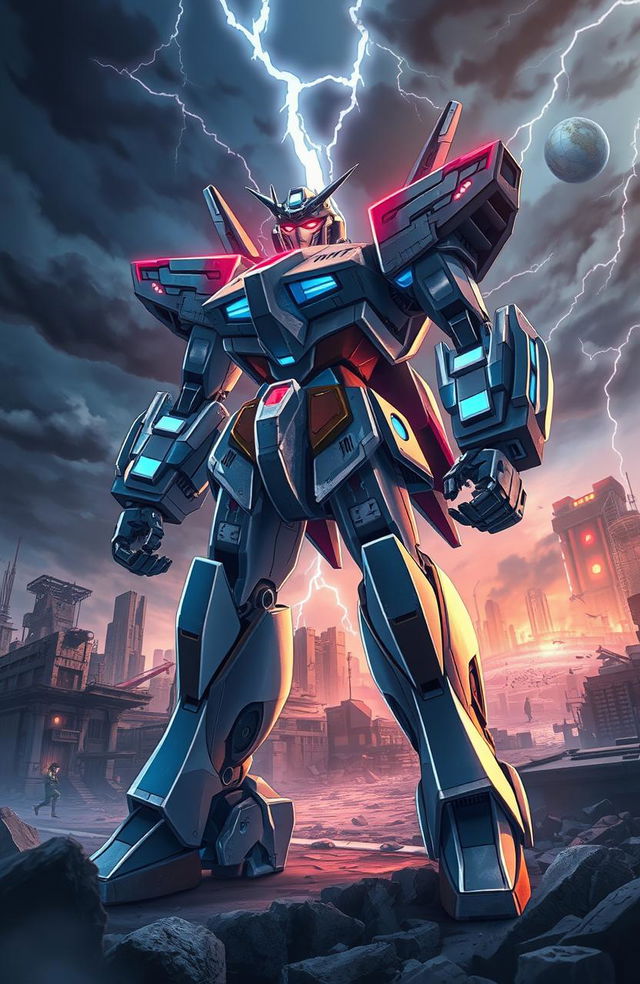 A towering, menacing robot designed for combat, standing in a battle-ready pose amidst a futuristic urban landscape