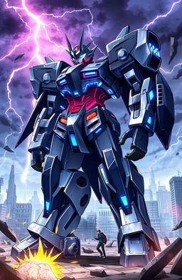 A towering, menacing robot designed for combat, standing in a battle-ready pose amidst a futuristic urban landscape