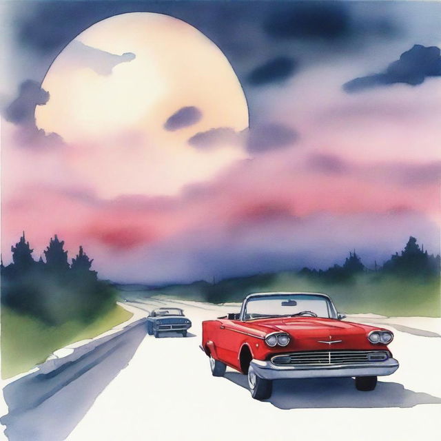 A watercolor scene depicting cars on a highway under a large, close-to-ground full moon with the car's red backlight illuminating the sky