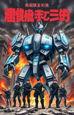 A striking book cover featuring a colossal robot battling against humanity