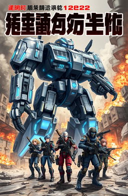A striking book cover featuring a colossal robot battling against humanity