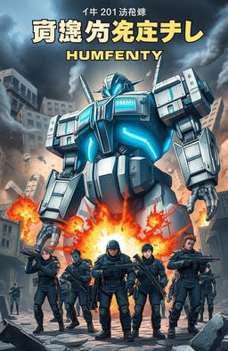 A striking book cover featuring a colossal robot battling against humanity