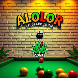 A lively billiards-themed artwork featuring the ALOLOR BILLIARD ZONE logo prominently displayed at the top, designed in a whimsical Harry Potter font