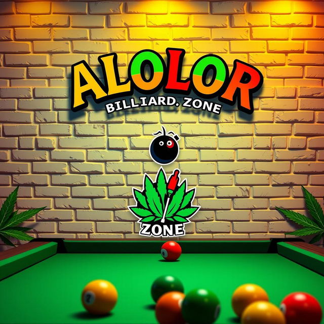 A lively billiards-themed artwork featuring the ALOLOR BILLIARD ZONE logo prominently displayed at the top, designed in a whimsical Harry Potter font