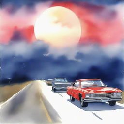 A watercolor scene depicting cars on a highway under a large, close-to-ground full moon with the car's red backlight illuminating the sky