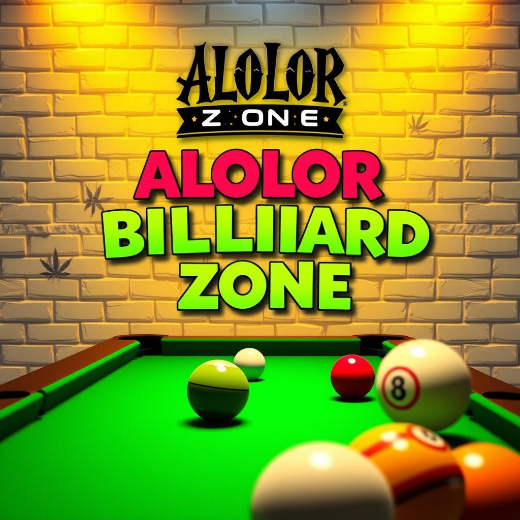 A lively billiards-themed artwork featuring the ALOLOR BILLIARD ZONE logo prominently displayed at the top, designed in a whimsical Harry Potter font