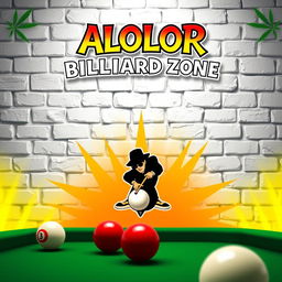 A lively billiards-themed artwork featuring the ALOLOR BILLIARD ZONE logo prominently displayed at the top, designed in a whimsical Harry Potter font