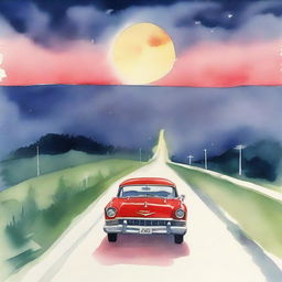 A watercolor scene depicting cars on a highway under a large, close-to-ground full moon with the car's red backlight illuminating the sky