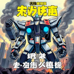 A powerful robot towering over a devastated cityscape, showcasing its metallic and sleek design, with glowing blue eyes that convey determination