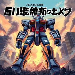 A powerful robot towering over a devastated cityscape, showcasing its metallic and sleek design, with glowing blue eyes that convey determination