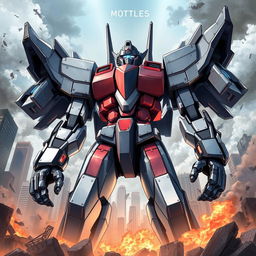 A powerful robot towering over a devastated cityscape, showcasing its metallic and sleek design, with glowing blue eyes that convey determination