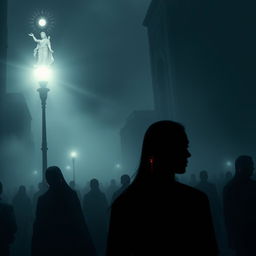 A dystopian city enveloped in thick fog, creating an eerie and mysterious atmosphere