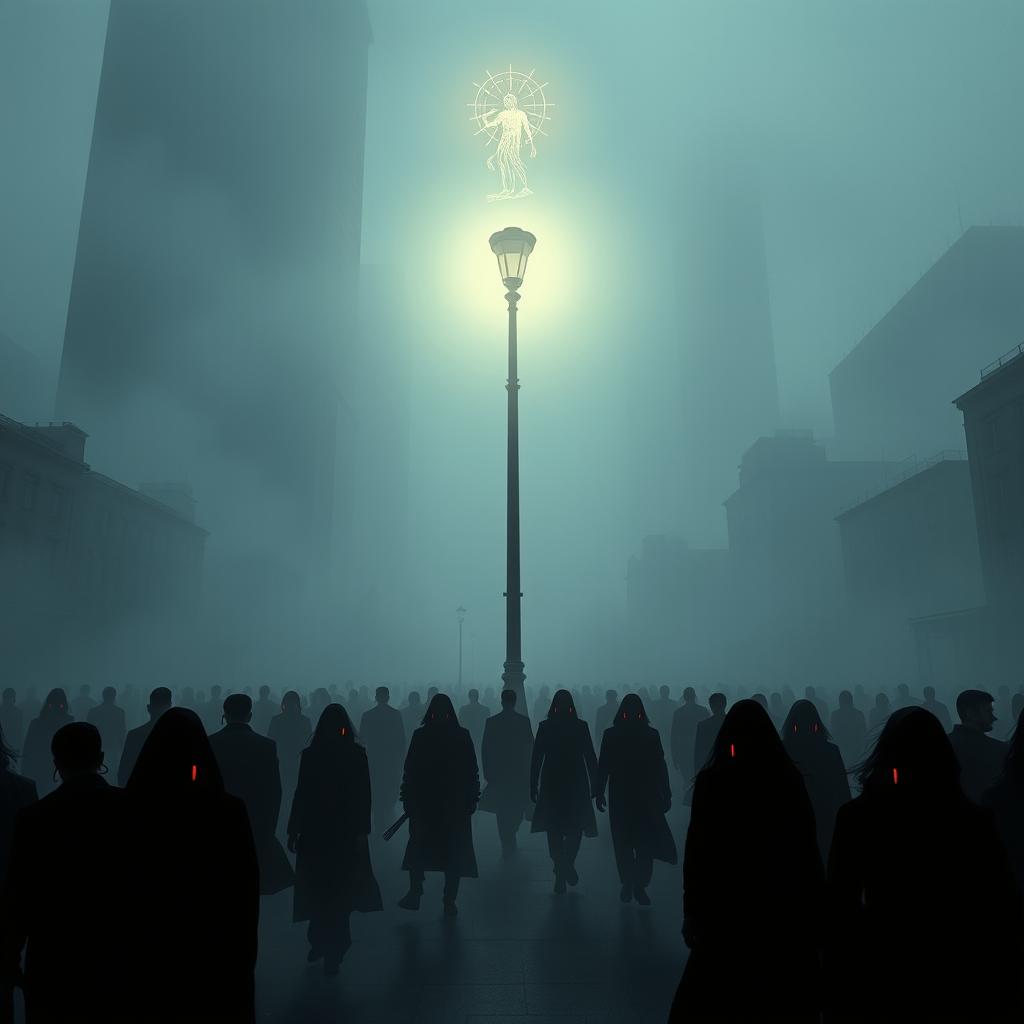 A dystopian city enveloped in thick fog, creating an eerie and mysterious atmosphere