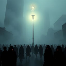 A dystopian city enveloped in thick fog, creating an eerie and mysterious atmosphere