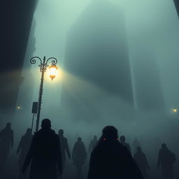 A dystopian city enveloped in thick fog, creating an eerie and mysterious atmosphere