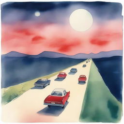 A watercolor scene depicting cars on a highway under a large, close-to-ground full moon with the car's red backlight illuminating the sky