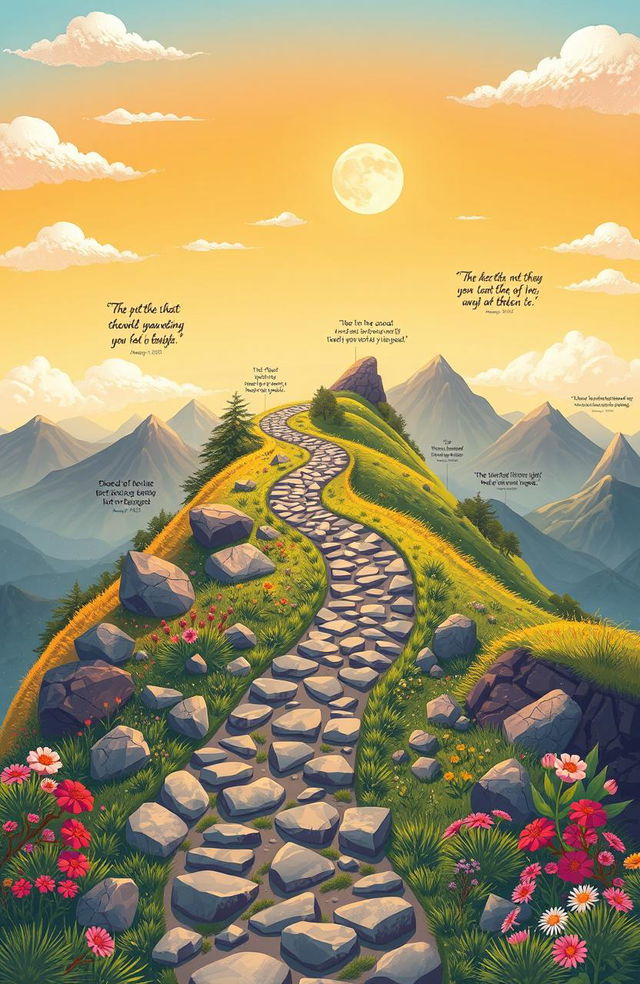 A conceptual illustration depicting the journey of ambition, showcasing a winding path symbolizing the ups and downs one faces while pursuing goals