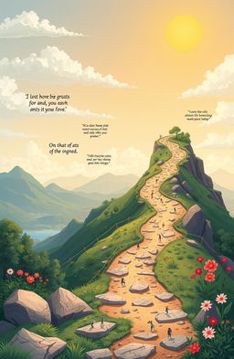 A conceptual illustration depicting the journey of ambition, showcasing a winding path symbolizing the ups and downs one faces while pursuing goals