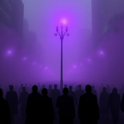 A dystopian city engulfed in thick fog, creating a haunting and mysterious ambiance