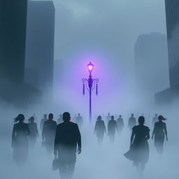 A dystopian city engulfed in thick fog, creating a haunting and mysterious ambiance