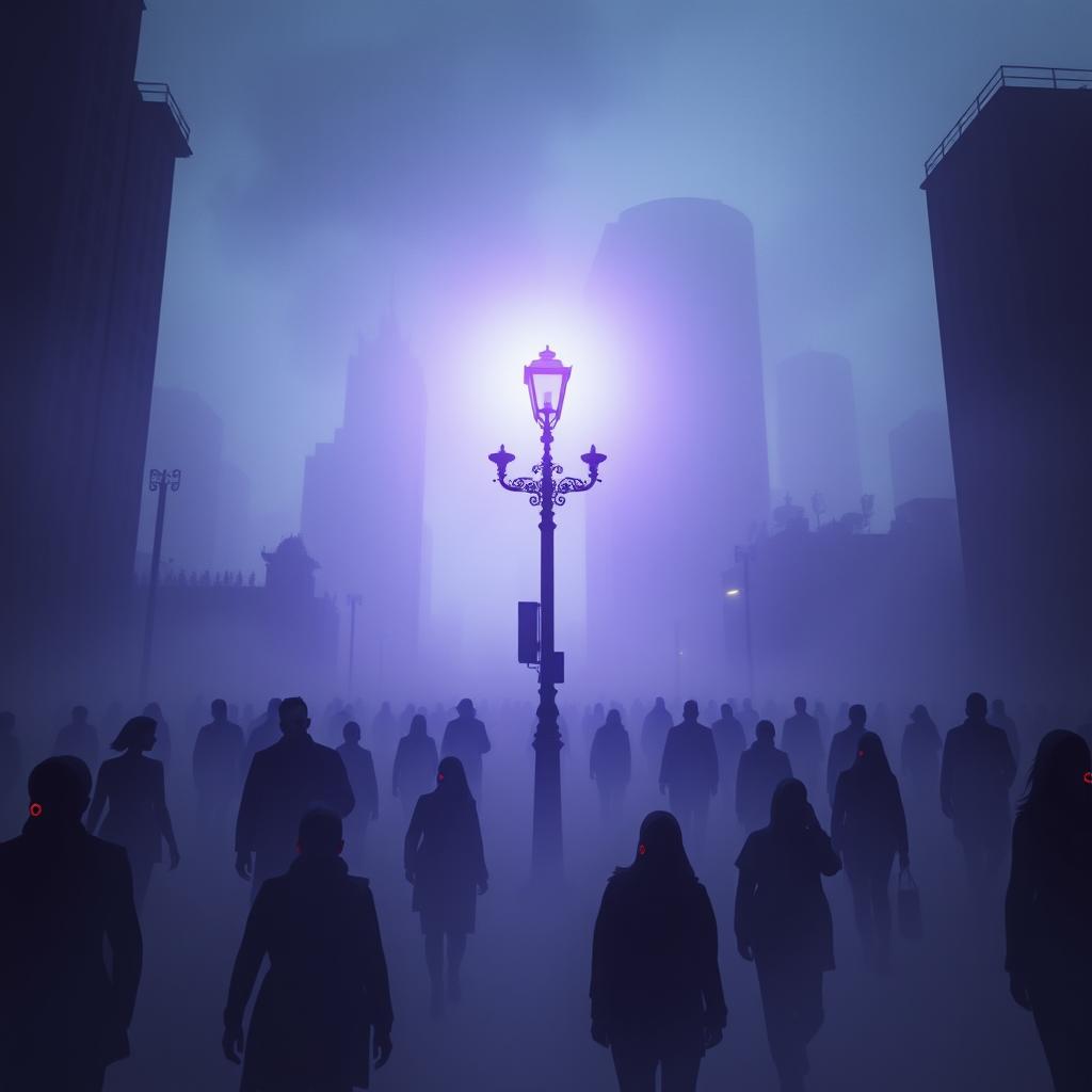 A dystopian city engulfed in thick fog, creating a haunting and mysterious ambiance