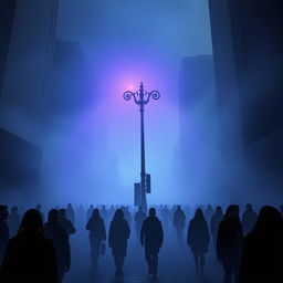 A dystopian city engulfed in thick fog, creating a haunting and mysterious ambiance