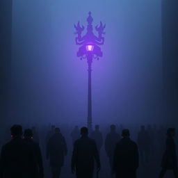 A dystopian city shrouded in thick fog, creating an unsettling and haunting atmosphere