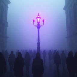 A dystopian city shrouded in thick fog, creating an unsettling and haunting atmosphere