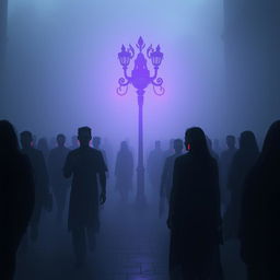 A dystopian city shrouded in thick fog, creating an unsettling and haunting atmosphere