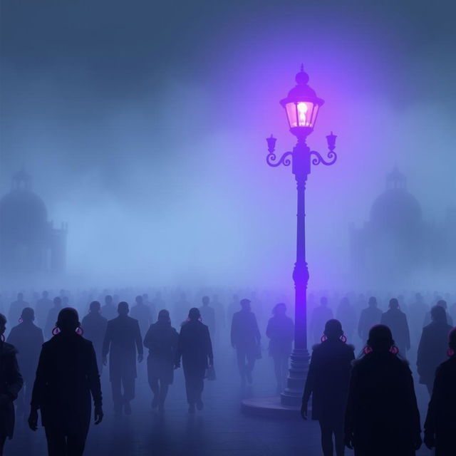 A dystopian city shrouded in thick fog, creating an unsettling and haunting atmosphere