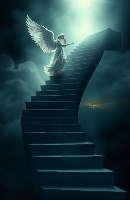 A visual representation of ambition portraying an angelic figure gracefully ascending a staircase that spirals upward yet subtly transforms into a dark, desolate environment reminiscent of Hell at the top