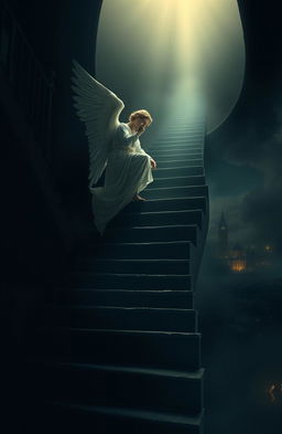 A visual representation of ambition portraying an angelic figure gracefully ascending a staircase that spirals upward yet subtly transforms into a dark, desolate environment reminiscent of Hell at the top